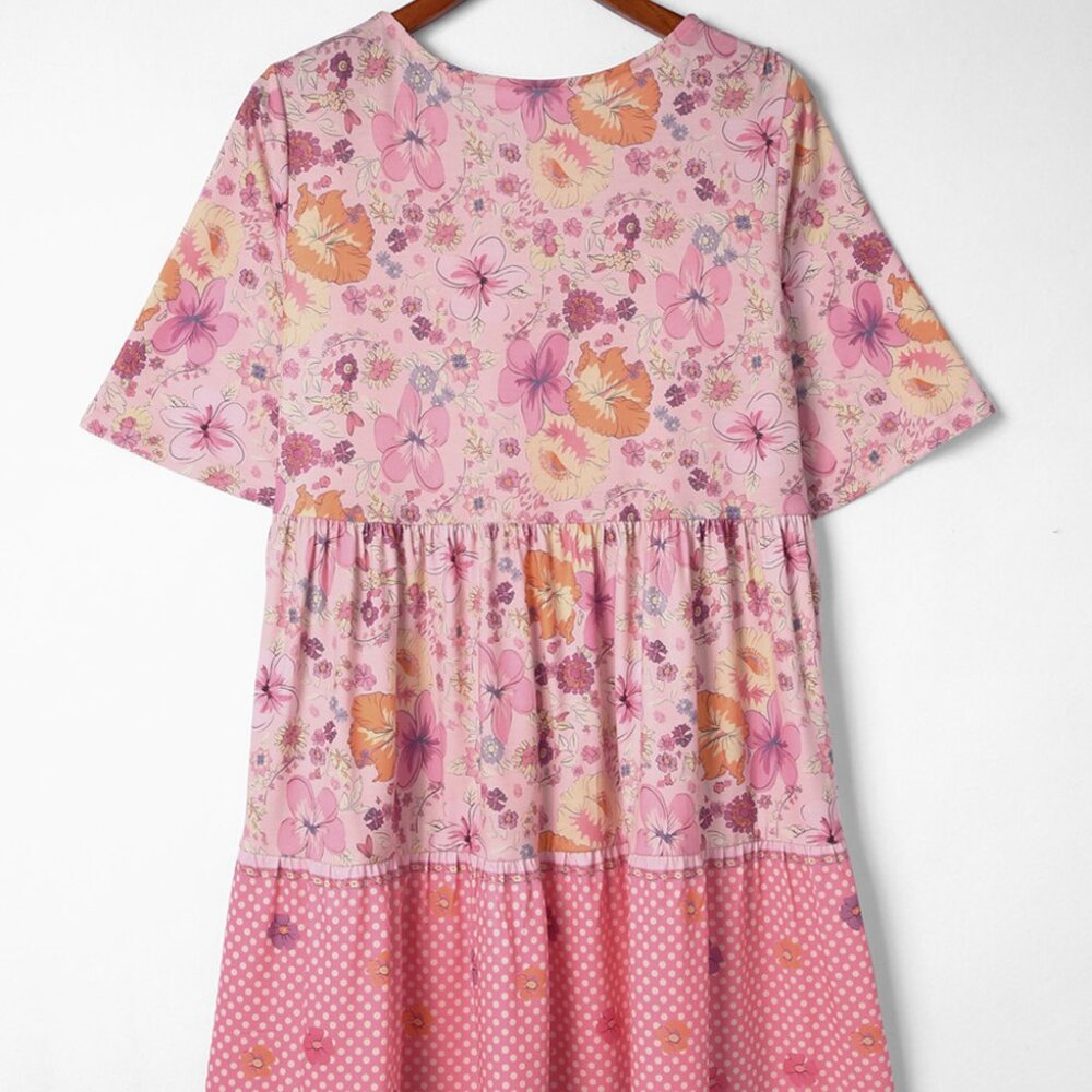 B256 Multicolor Hibiscus Floral Print Ruffle Mini Dress - Picture 12 of 12